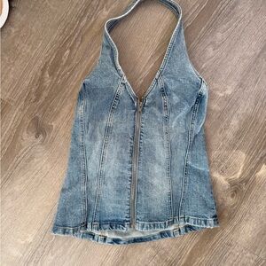 Denim Halter Top with Zipper